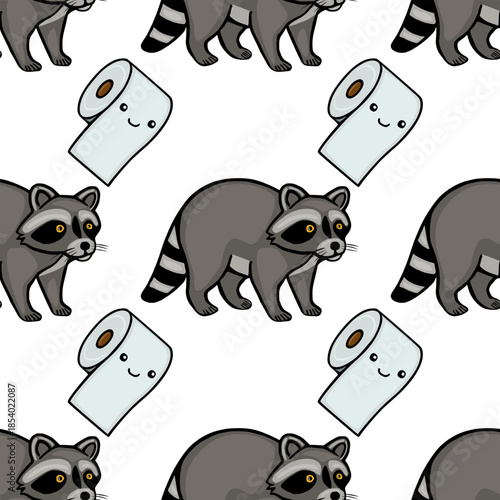 Adorable vector pattern featuring cute raccoons and smiling toilet paper rolls on a white background, perfect for playful designs.