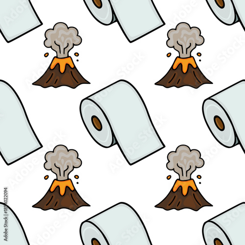 A whimsical vector pattern featuring erupting volcanoes and toilet paper rolls, perfect for quirky backgrounds.