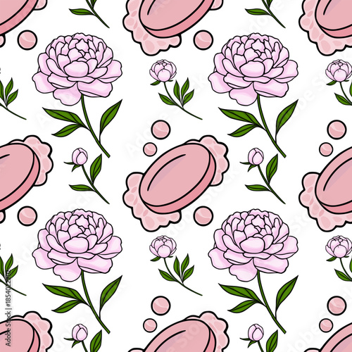 Delicate vector pattern of blooming pink peonies and soap bars with scattered pearls on a white background.