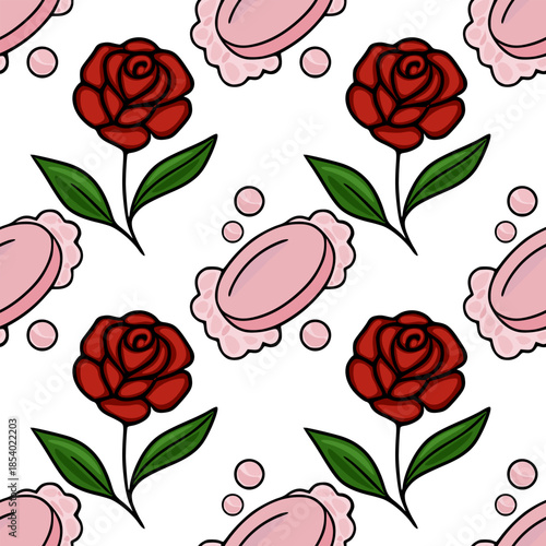 Seamless vector pattern of delicate pink soap bars and vibrant red roses with green leaves, interspersed with light pink bubbles, evoking a clean and romantic aesthetic.
