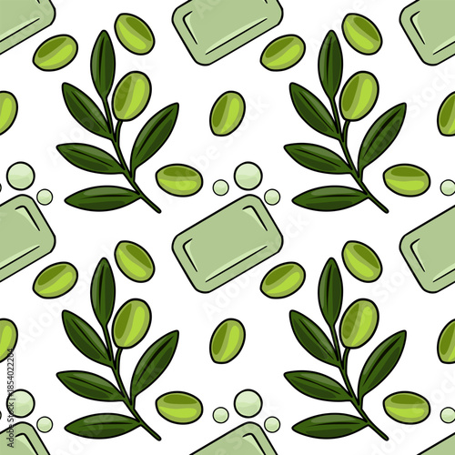 Seamless vector pattern of fresh green olives and soap bars, evoking a clean and natural aesthetic.