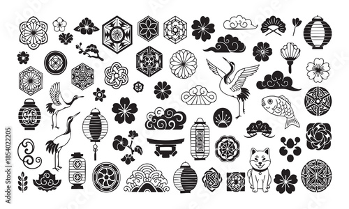 Japanese Traditional Symbols Collection Black and White Vector Art Keywords: Japan, traditional