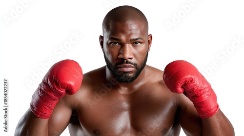The Fierce Boxer's Stance: A muscular boxer, eyes locked in determination, stands poised with gloved fists ready for the fight. Capturing the spirit of competition and strength.