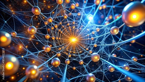 A digital neural network in the form of a tunnel with golden glowing spheres, a concept of blockchain, quantum computing, and deep learning neural networks.
