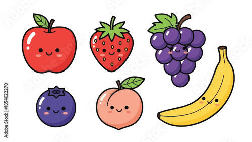 A collection of cute cartoon fruits, including an apple, strawberry, grapes, blueberry, peach, and banana.
