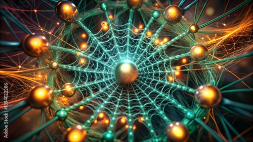An abstract futuristic-technological background featuring a turquoise web of neural tissue and spheres placed on it. Conceptual concepts of artificial intelligence, deep learning, and data transfer.