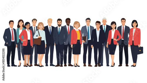 Group of diverse business professionals standing together in formal attire, ready for work.
