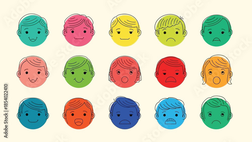 Cartoon faces displaying a range of emotions, colorful and expressive.