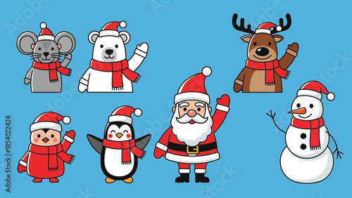 Festive Christmas characters: mouse, bear, reindeer, penguins, Santa, snowman.