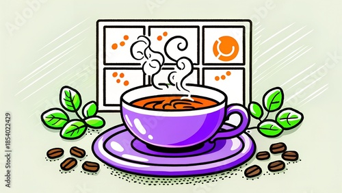 A cup of hot coffee with thick steam and roasted beans on a wooden table, the concept of morning ritual, break at work and home comfort