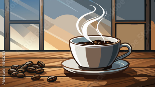 A cup of hot coffee by the window at dawn - a cozy illustration