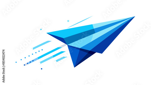Blue paper airplane in a modern abstract style. Paper plane flying