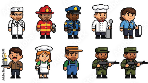 Collection of pixelated cartoon characters representing various professions and occupations.