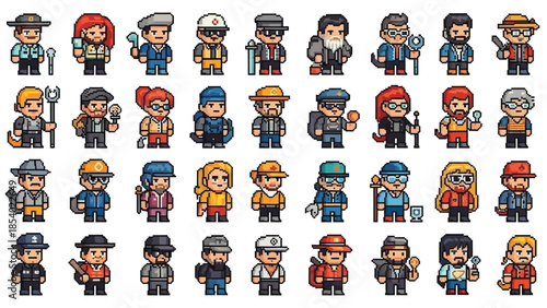 A diverse collection of pixel art characters representing various professions and styles, suitable for game development or graphic design.