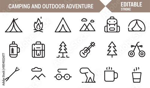 Outdoor recreation and camping lifestyle editable line icons