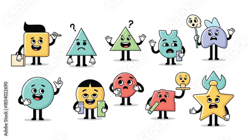 A collection of cartoon geometric shapes with faces and arms, expressing various emotions and holding objects.