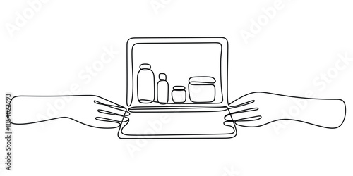 Continuous line drawing: hands opening box of beauty products