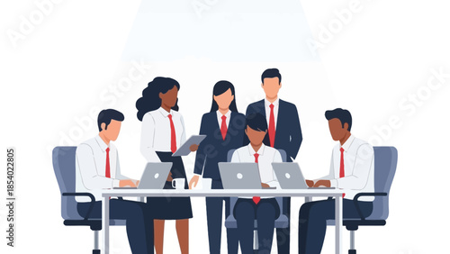 A diverse group of professionals in business attire collaborating around a conference table with laptops.