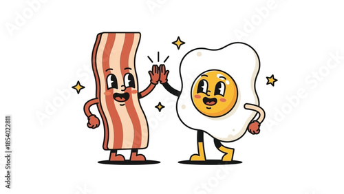 A cheerful cartoon illustration of a strip of bacon and a fried egg giving each other a high five.