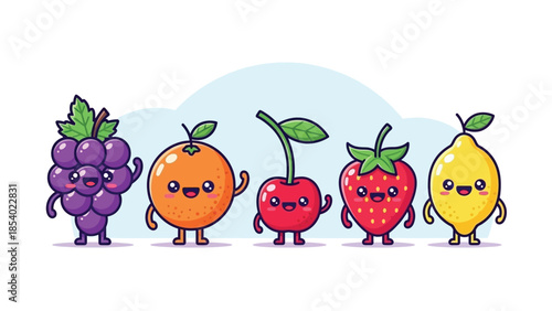 Cute cartoon fruits smiling and waving, including grapes, orange, cherry, strawberry, and lemon.