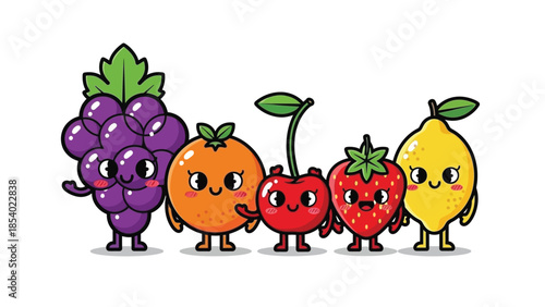 Cartoon fruits: grapes, orange, cherry, strawberry, and lemon with cute faces.