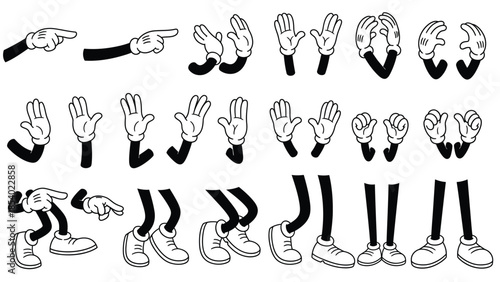 A collection of cartoon hands, arms, and legs in various poses, rendered in a classic black and white animation style.
