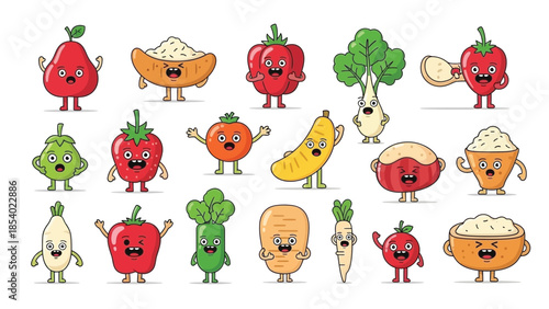 Cartoon vegetables and fruits with funny faces and expressions.