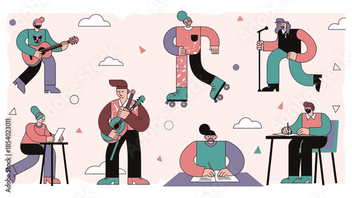 A vibrant illustration depicting diverse individuals engaged in creative pursuits and hobbies, showcasing music, art, and writing.