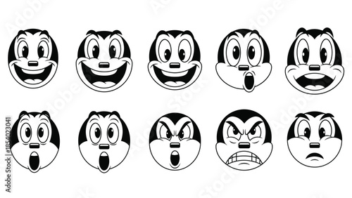 A collection of ten cartoon faces displaying a range of emotions from joy to anger.