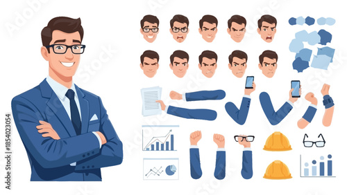Illustration of a businessman with various facial expressions, gestures, and related objects.