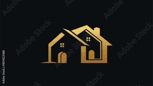 Golden House Icons on Black Background.