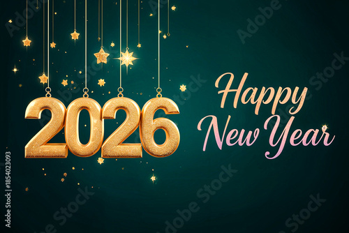 Golden 2026 New Year celebration background featuring hanging metallic numbers, sparkling stars, and elegant festive typography for holiday greetings and designs