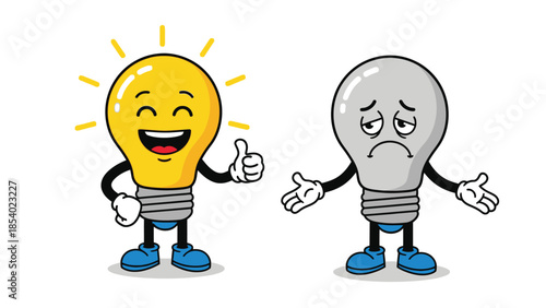 Happy and sad light bulb cartoon characters illustration.