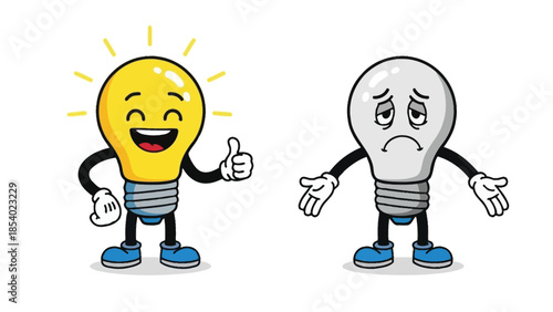 Two cartoon light bulbs, one happy and glowing, the other sad and dim, illustrating a contrast.