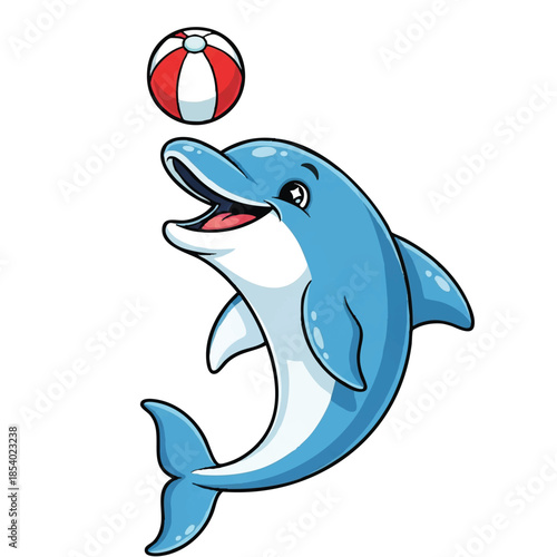 A cartoon-style illustration of a cute dolphin jumping to catch a colorful beach ball against a clean white background with a playful mood.