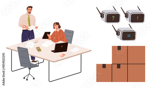Professionals planning shipment with paper, tech devices, smart barcode scanners, and boxes. Ideal for teamwork, logistics, supply chain, business planning, technology communication simple flat