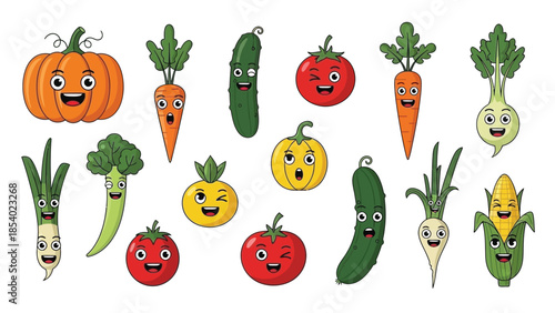 A vibrant and whimsical collection of cartoon vegetables with expressive faces, arranged in a playful pattern against a white background.