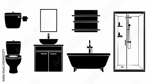 Bathroom Fixtures and Accessories Silhouette Set.