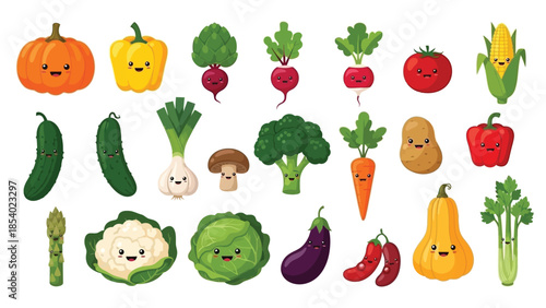 A vibrant collection of cute cartoon vegetables with smiling faces, arranged in rows against a white background.