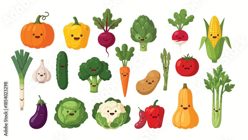 A vibrant collection of cute cartoon vegetables with happy faces, arranged in a playful pattern.
