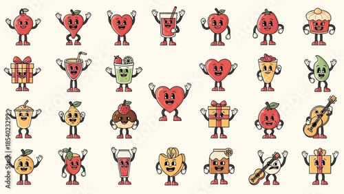 A collection of retro-style cartoon characters featuring fruits, drinks, gifts, and musical instruments, all with expressive faces and limbs.