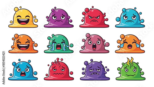 A collection of twelve cartoon slime monsters displaying a variety of distinct emotions and expressions.