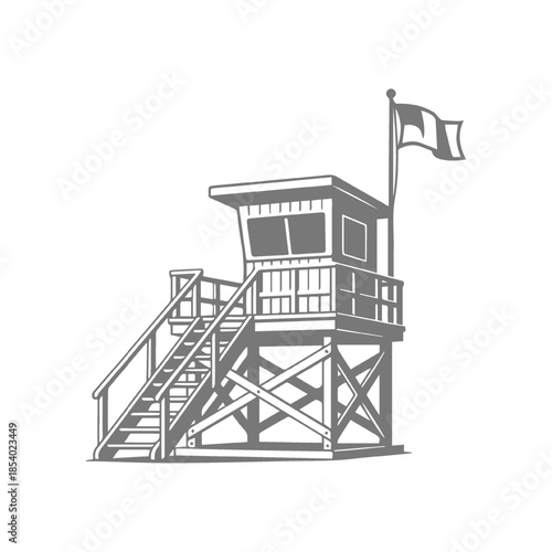 Vintage Lifeguard Tower with Flag on the Beach