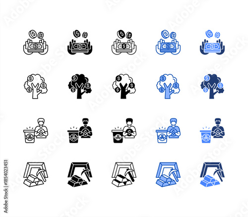 Earnings, Money tree, Residual, Goldmine multiple style icon set.