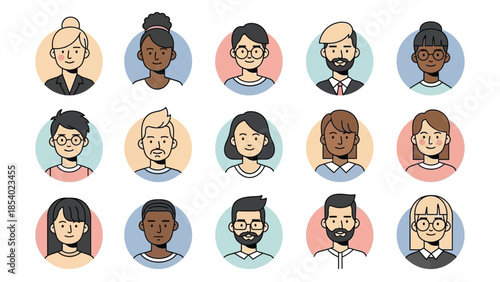 A diverse collection of stylized avatar portraits representing various individuals in a grid layout.