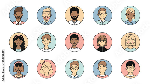 A diverse collection of circular avatar icons representing people of various ethnicities, genders, and ages.