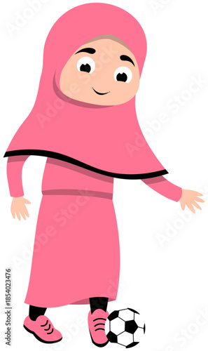 Muslim Girl Practicing Outside of the Foot Pass, Step 2 Soccer Illustration. Editable Color Vector