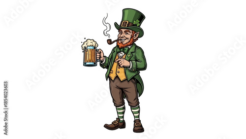 A cartoon leprechaun in a green hat and suit holding a frothy beer and smoking a pipe.