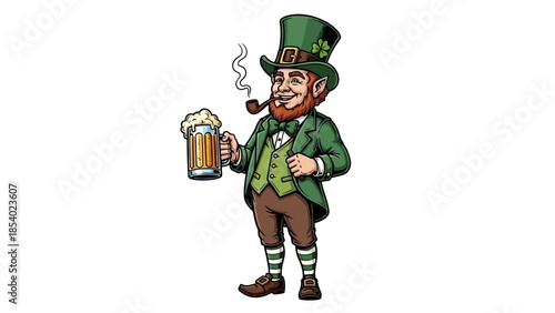 A cartoon leprechaun in a green hat and suit holding a frothy beer and smoking a pipe.