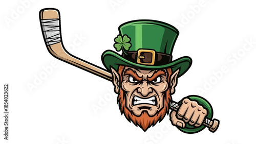 An angry leprechaun wearing a green hat with a shamrock, holding a hockey stick and a puck.